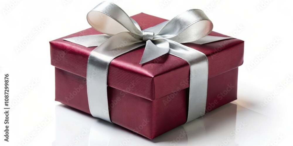 Obraz premium A burgundy gift box with a silver ribbon tied in a bow, reflecting on a white background