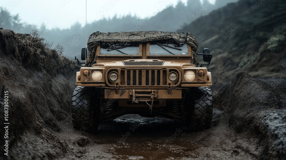 Obraz premium A rugged military vehicle navigating through a muddy off-road terrain in a forested area during rainy weather conditions, showing resilience and capability in harsh environments.