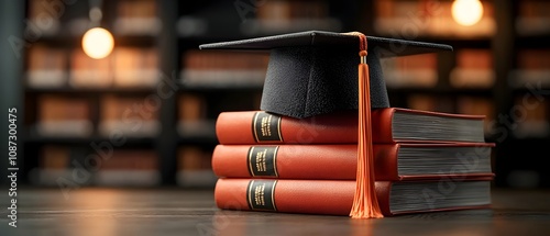 A dramatic cinematic close up of a graduation cap resting solemnly on a towering stack of books conveying a sense of hard earned accomplishment and the weight of academic success photo