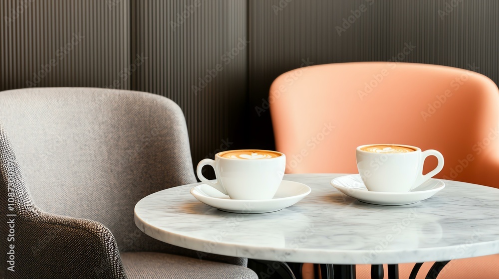 Two coffee cups on a table in a modern cafe setting. Two coffee cups on a table in a modern cafe setting.
