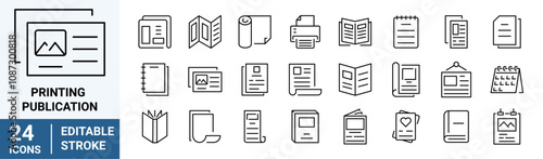 Printing and Publication set. Flyer Brochure line icon set. letterhead, booklet, leaflet, corporate catalog. Linear icon collection. Editable stroke. Vector illustration