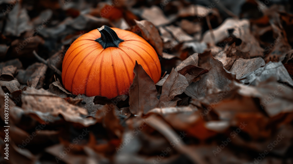 Φωτογραφία Close-up of an orange pumpkin surrounded by dry autumn leaves on the ground, illustrating a fall season theme with natural elements and earth tones
