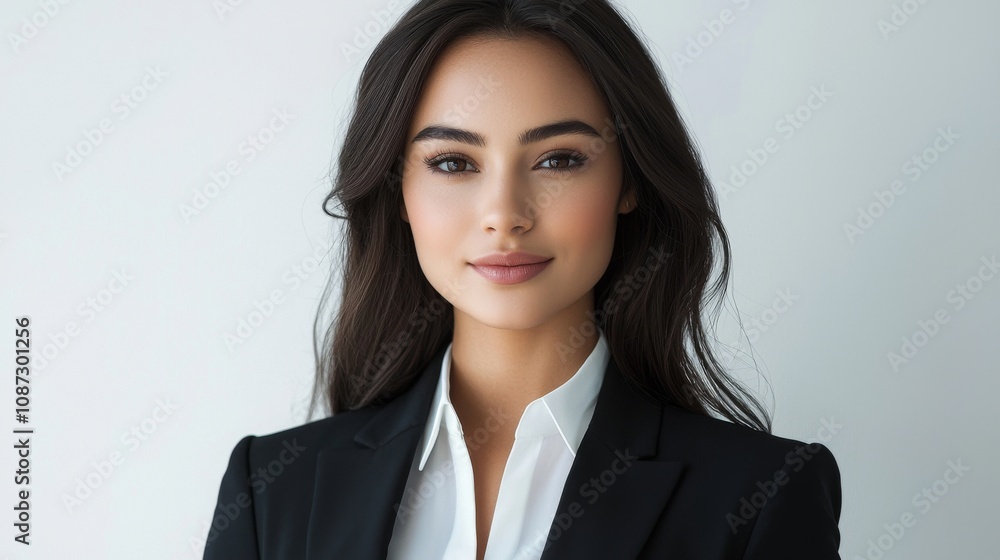 Full-length bust portrait of a lawyer, wearing a sharp suit and tie, looking confident and approachable, with light make-up, white background Full-length bust portrait of a lawyer, wearing a sharp suit and tie, looking confident and approachable, with light make-up, white background