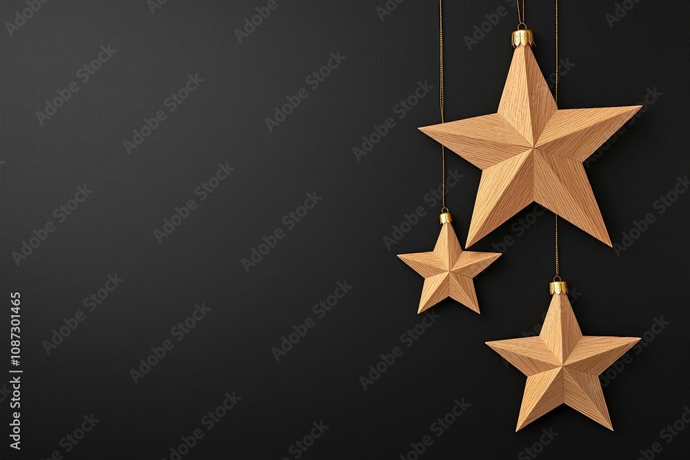 Fototapeta premium christmas pattern and minimalist stars, Three hanging golden stars in various sizes against a textured black background create a festive, elegant atmosphere.