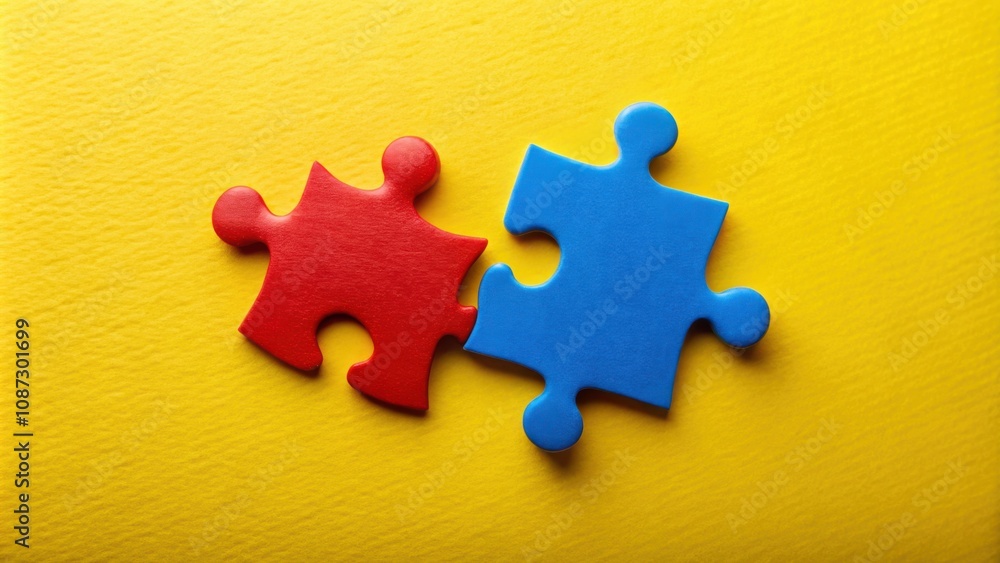 Fototapeta premium Two Puzzle Pieces Interlock on a Yellow Background