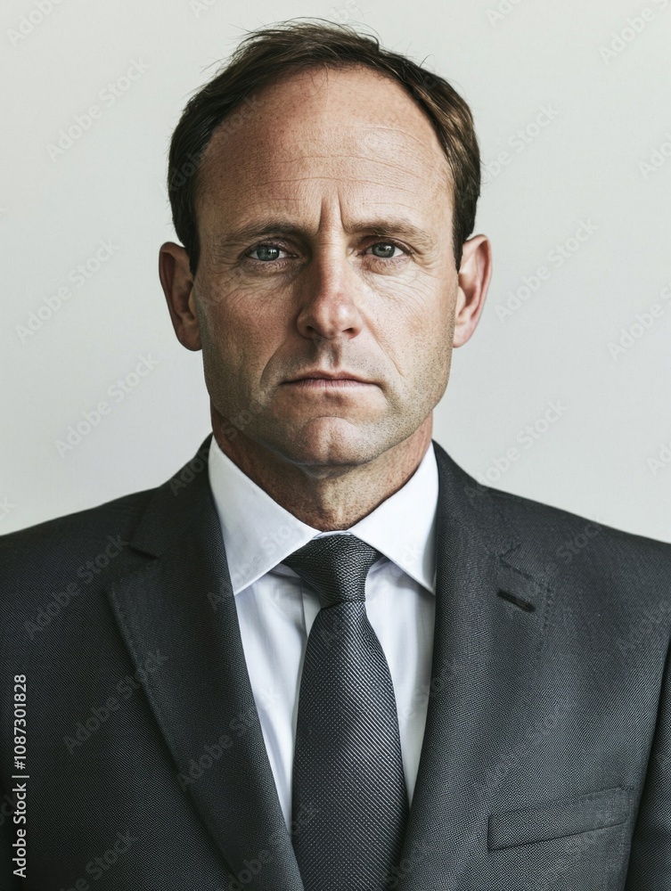 Full-length bust portrait of a lawyer, wearing a sharp suit and tie, looking confident and approachable, with light make-up, white background Full-length bust portrait of a lawyer, wearing a sharp suit and tie, looking confident and approachable, with light make-up, white background