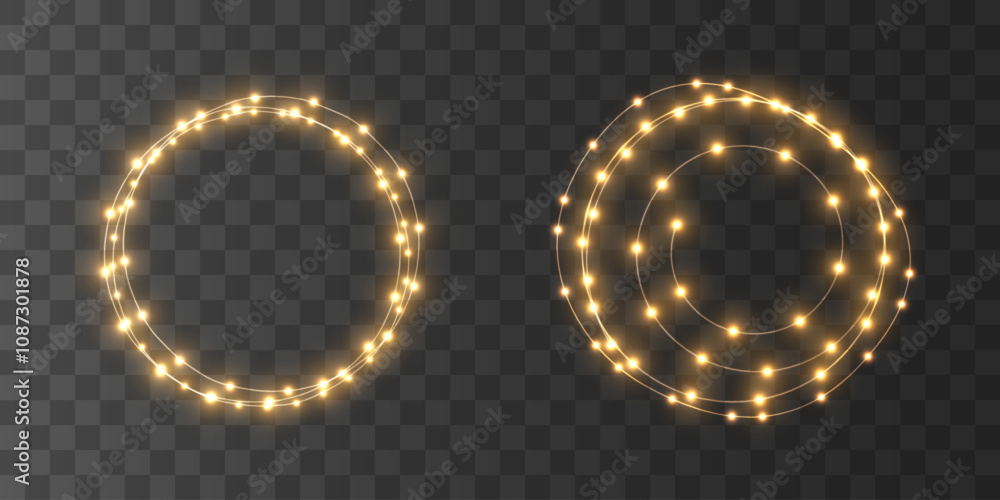 A set of glowing garland on a transparent background. Christmas Bright Lights. Design for Christmas banners, cards, backgrounds. Isolated realistic design elements. Glowing lights for Xmas A set of glowing garland on a transparent background. Christmas Bright Lights. Design for Christmas banners, cards, backgrounds. Isolated realistic design elements. Glowing lights for Xmas