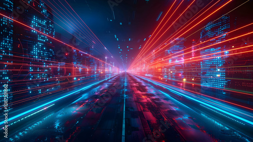 Neon Cityscape: Futuristic Highway with Red and Blue Light Streaks, Digital Data Flowing Through Buildings, 3D Abstract Background Illustration