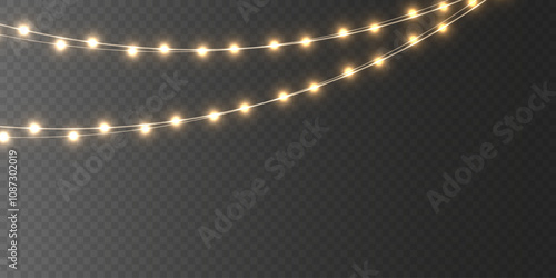 Bright garlands with a golden glow png. Festive Christmas light. For holiday illustrations. Festive chain of yellow lights glow on a transparent background. Stock royalty free. Winter collection 2025 photo