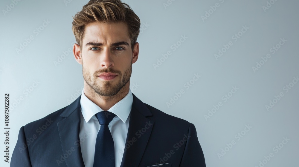 Full-length bust portrait of a lawyer, wearing a sharp suit and tie, looking confident and approachable, with light make-up, white background Full-length bust portrait of a lawyer, wearing a sharp suit and tie, looking confident and approachable, with light make-up, white background