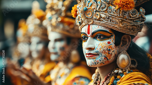 A group of performers wearing elaborate traditional costumes and painted faces, featuring colorful and intricate patterns and adorned with ornate headdresses and jewelry. photo