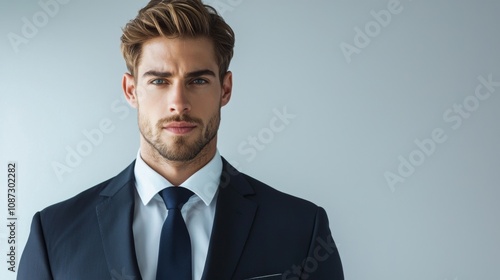 Full-length bust portrait of a lawyer, wearing a sharp suit and tie, looking confident and approachable, with light make-up, white background