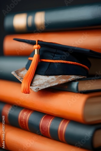 A close up portrait of a well worn graduation cap resting solemnly atop a collection of antique books symbolizing the hard earned rewards of academic perseverance and intellectual growth photo