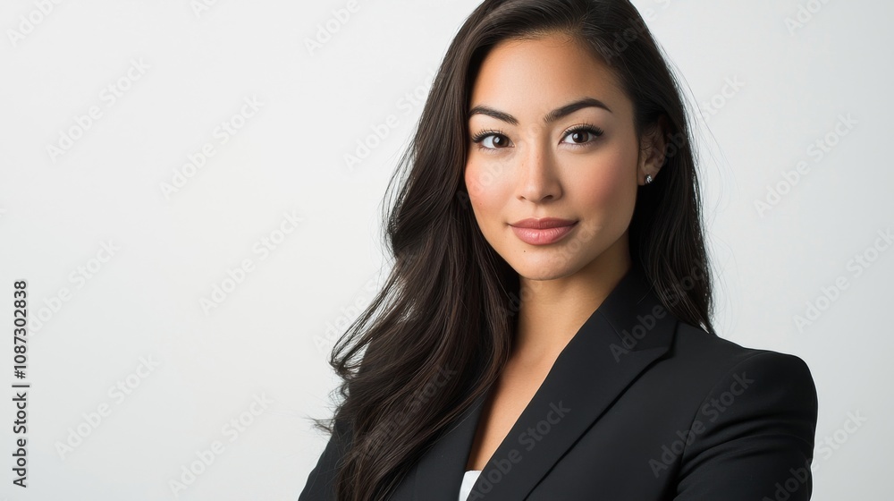 Full-length bust portrait of a lawyer, wearing a sharp suit and tie, looking confident and approachable, with light make-up, white background Full-length bust portrait of a lawyer, wearing a sharp suit and tie, looking confident and approachable, with light make-up, white background