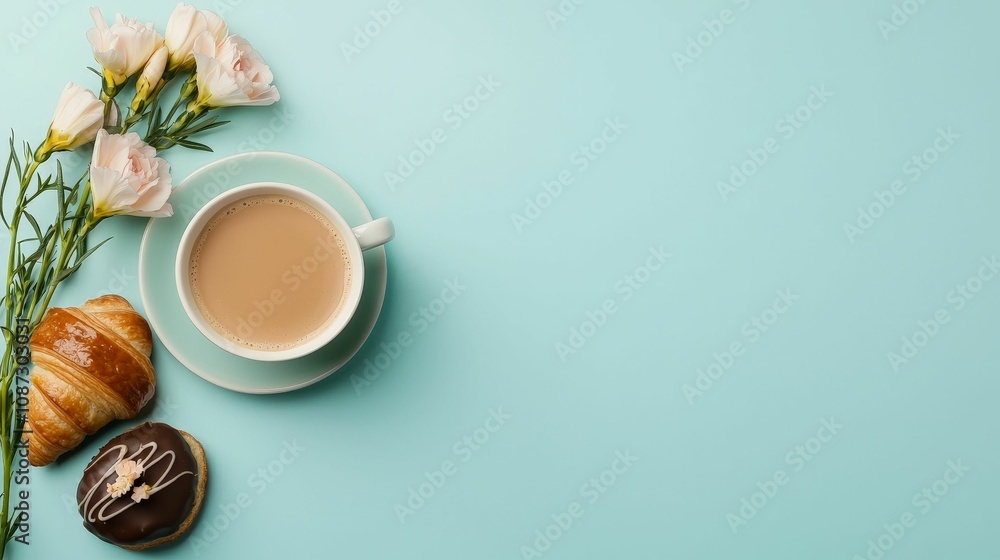 coffee and bakery concept. A serene composition featuring a cup of coffee, a croissant, a cookie, and delicate flowers against a pastel blue background. coffee and bakery concept. A serene composition featuring a cup of coffee, a croissant, a cookie, and delicate flowers against a pastel blue background.