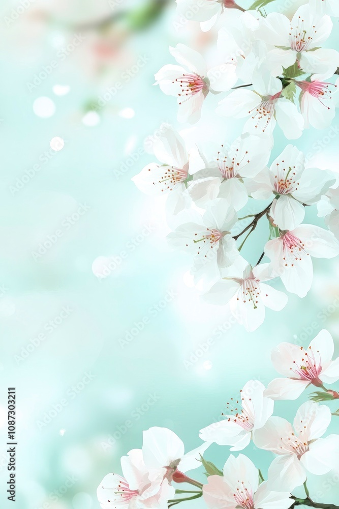 White and turquoise spring banner with copy space, cherry blossoms, blurred background, soft lighting. White and turquoise spring banner with copy space, cherry blossoms, blurred background, soft lighting.