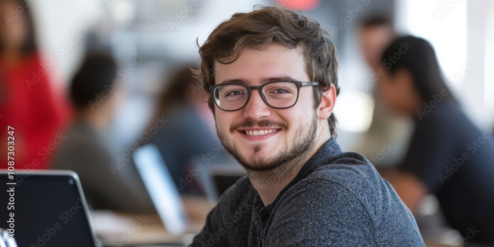 Handsome Young Man with Glasses Smiling at His Desk in Busy Office Handsome Young Man with Glasses Smiling at His Desk in Busy Office