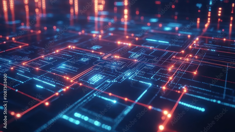 Abstract digital circuitry with glowing lines and nodes representing technology and data flow. Abstract digital circuitry with glowing lines and nodes representing technology and data flow.