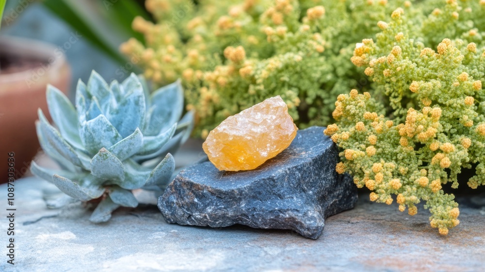 Fototapeta premium A yellow crystal on a stone surrounded by succulents and vibrant yellow flowers.