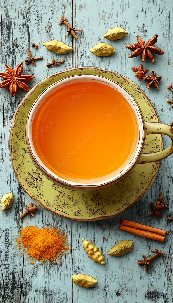Overhead view of a cup of herbal tea surrounded by spices on a rustic wooden table. Overhead view of a cup of herbal tea surrounded by spices on a rustic wooden table.