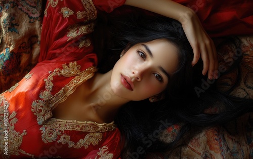 eautiful young woman lying on her stomach, wearing a red silk dress with gold trim and embroidered details photo