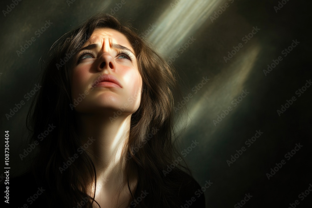 Fototapeta premium Heartbroken woman gazing at the sky, tears on her face