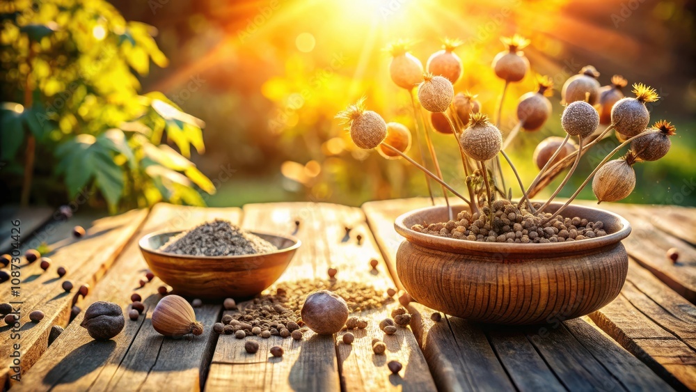 A Rustic Still Life with Dried Flower Pods, Seeds, and a Bowl of Spices on a Wooden Table in the Golden Hour A Rustic Still Life with Dried Flower Pods, Seeds, and a Bowl of Spices on a Wooden Table in the Golden Hour