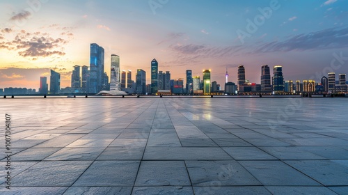 Empty square floor with city skyline background, Cityscape with a utopian vision, idealized urban landscape embodying hope and progress