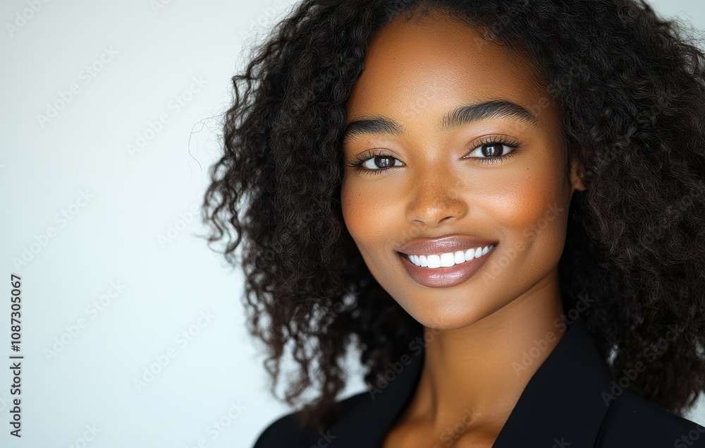 A smiling african woman in a dark business attire, exuding confidence against a white backdrop. A smiling african woman in a dark business attire, exuding confidence against a white backdrop.