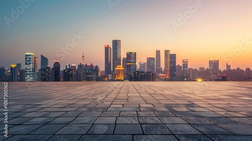 Empty square floor with city skyline background, Cityscape with a utopian vision, idealized urban landscape embodying hope and progress photo