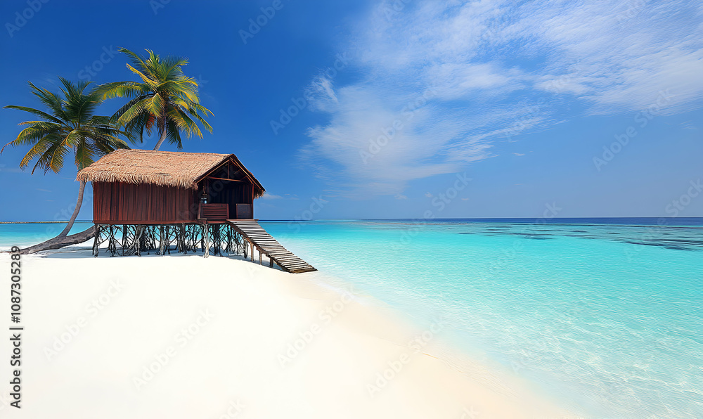 Idyllic tropical beach bungalow, crystal-clear turquoise water, white sand, palm trees, vacation paradise. Idyllic tropical beach bungalow, crystal-clear turquoise water, white sand, palm trees, vacation paradise.