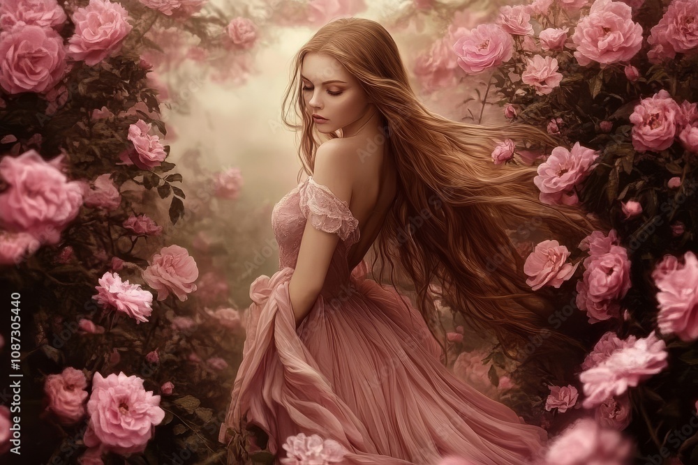 A picturesque scene featuring a woman amidst blooming pink roses. A picturesque scene featuring a woman amidst blooming pink roses.