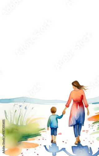 Mother and child walking side by side, holding hands. Illustration isolated on a transparent background.