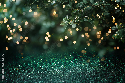 Abstract desk background green emerald glitter with blurred bokeh and plant. Luxury backdrop template for new year, christmas, st patricks day party or holiday card with place for text photo