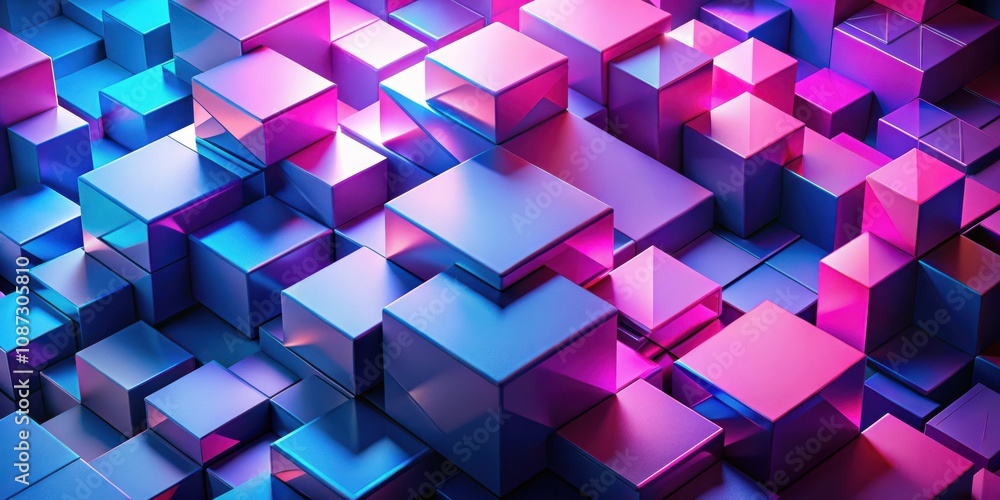 A vibrant and abstract composition of geometric shapes, featuring an array of blue and pink cubes with a glossy, iridescent finish, illuminated by a dynamic and colorful light source. A vibrant and abstract composition of geometric shapes, featuring an array of blue and pink cubes with a glossy, iridescent finish, illuminated by a dynamic and colorful light source.