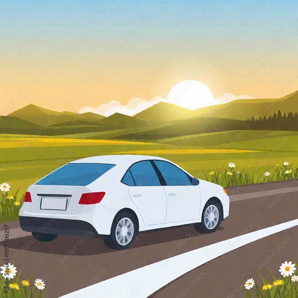 Summer Road Trip Vector Scene: A hip-level full shot vector illustration of a car parked by a country road during summer. Shallow focus emphasizes the car and nearby flowers, with the road and distant Summer Road Trip Vector Scene: A hip-level full shot vector illustration of a car parked by a country road during summer. Shallow focus emphasizes the car and nearby flowers, with the road and distant
