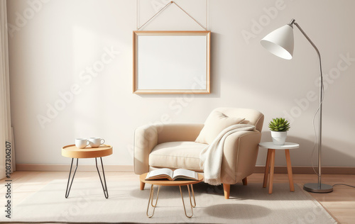 A serene living room nook with a delicate frame mockup suspended above a plush, pastel-hued armchair, adorned with a soft throw and a side table holding a steaming cup of coffee and an open book
