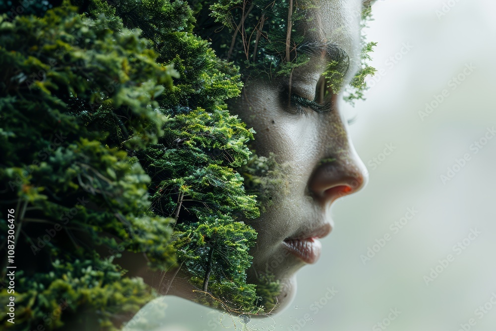 womans double exposure blended with a sunlit forest, emphasizing harmony with nature for eco conscious or wellness campaigns, promoting inner peace and mindfulness. womans double exposure blended with a sunlit forest, emphasizing harmony with nature for eco conscious or wellness campaigns, promoting inner peace and mindfulness.