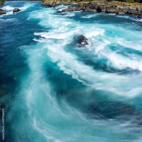 A high-resolution digital artwork capturing the dynamic movement of swirling water. The image showcases an ultrarealistic depiction of turbulent, crystal-clear water with intricate details. The swirli photo