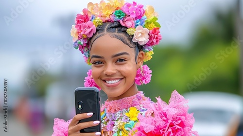 A person with floral hair accessories smiles while using an AI application for cultural hairstyle tutorials photo