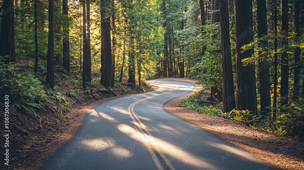 Fototapeta premium Winding Road Through Lush Forest: A Serene Journey into Nature's Embrace