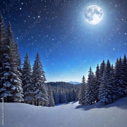 A high-resolution digital artwork depicting a serene winter night. A dense forest of snow-covered pine trees stretches across the horizon, bathed in dim moonlight. In the forefront, a beautifully deco