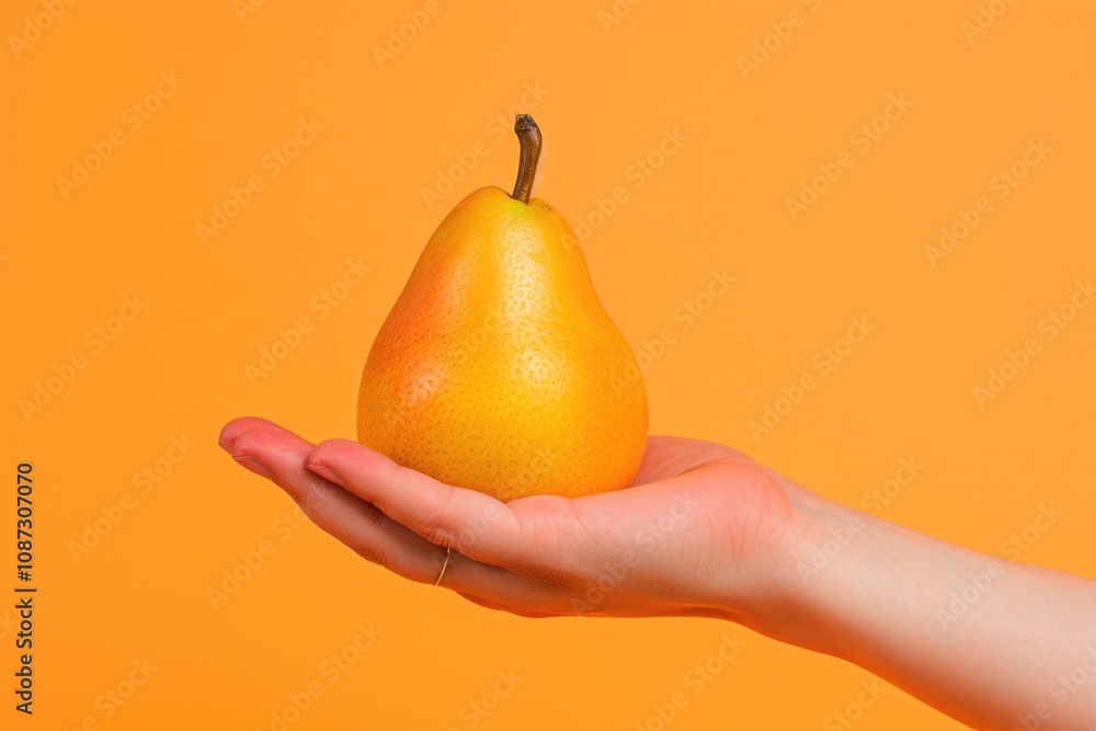 Healthy pear in hand on soft orange background