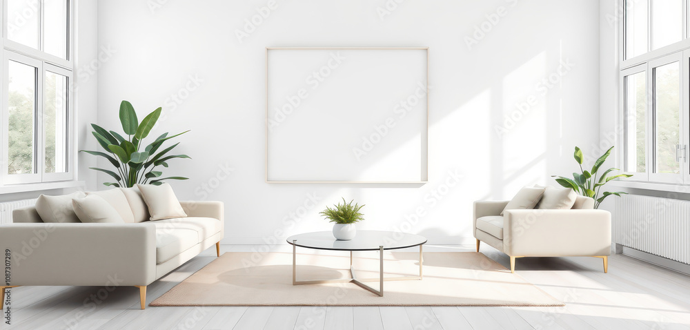 Fototapeta premium A modern white living room with a minimalist aesthetic, featuring a large blank frame mockup on a smooth white wall. The room includes a neutral-toned sofa, a round glass coffee table.