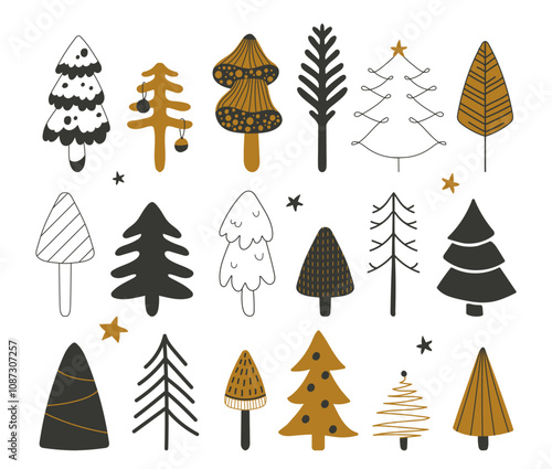 Hand drawn doodle christmas tree fir, spruce, pine forest plant different shapes and forms set