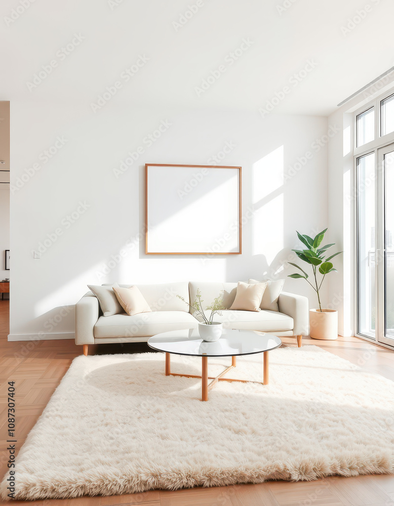 Fototapeta premium A cozy corner of a living room with a frame mockup hanging above a soft armchair. The armchair is in a pastel tone, paired with a round side table holding a cup of coffee and a book. 