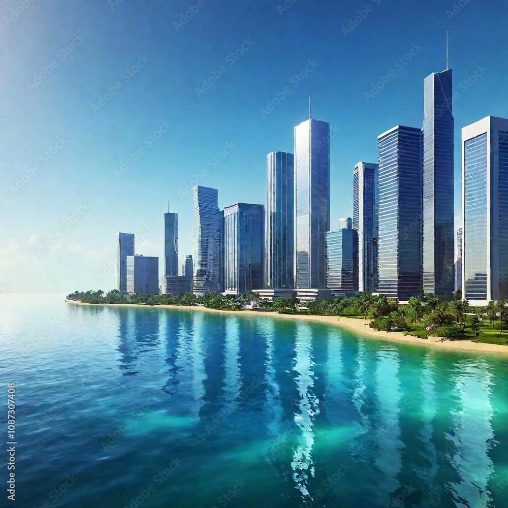 Naklejka premium Green Utopia Futuristic Metropolis on the Coast of a Tropical Sea 3D Art Illustration. Environment Friendly Green Ecologic Sci-Fi City Conceptual Background