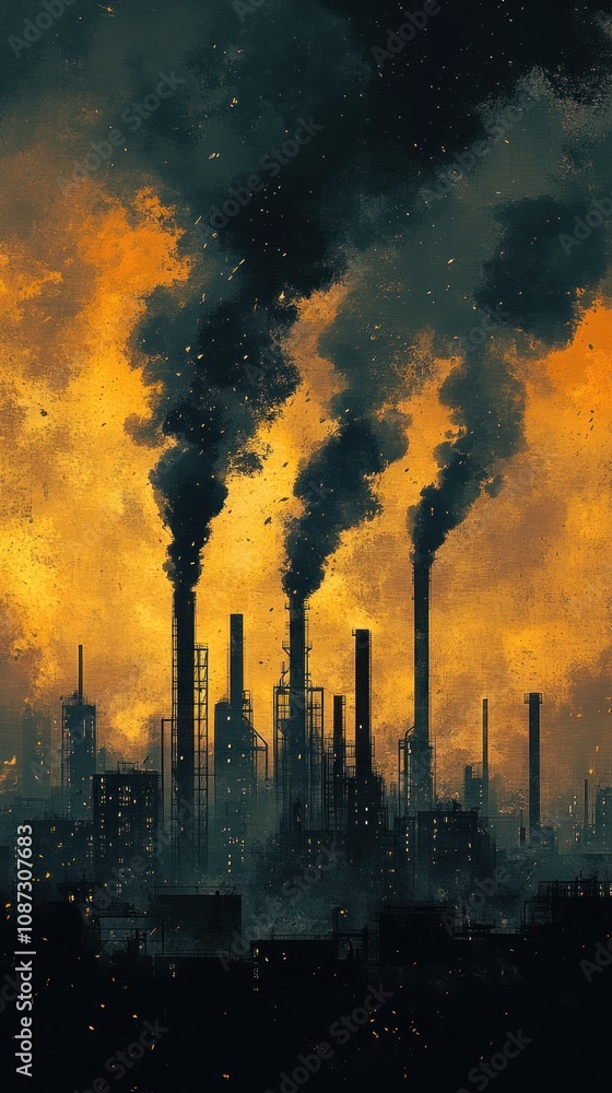 Obraz premium Silhouetted Industrial Cityscape with Smoke Plumes Against a Sunset Sky