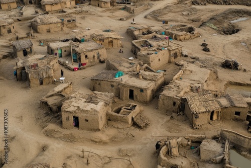 This aerial view captures the essence of a traditional African mud village, showcasing functional mud homes and the challenging living conditions faced by its resilient inhabitants
