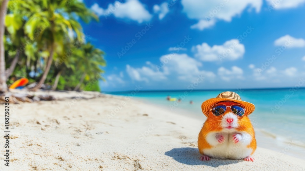 Obraz premium A cute guinea pig in sunglasses and a straw hat enjoys a sunny day on the beach with palm trees and blue ocean water in the background